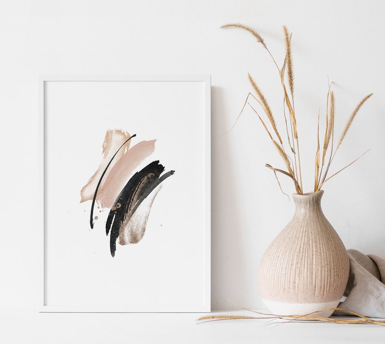 Watercolor Brushstrokes Print, Abstract Wall Decor, Modern Minimalist Wall Art Prints, Black Blush Gold, Downloadable Printable Wall Art, image 4