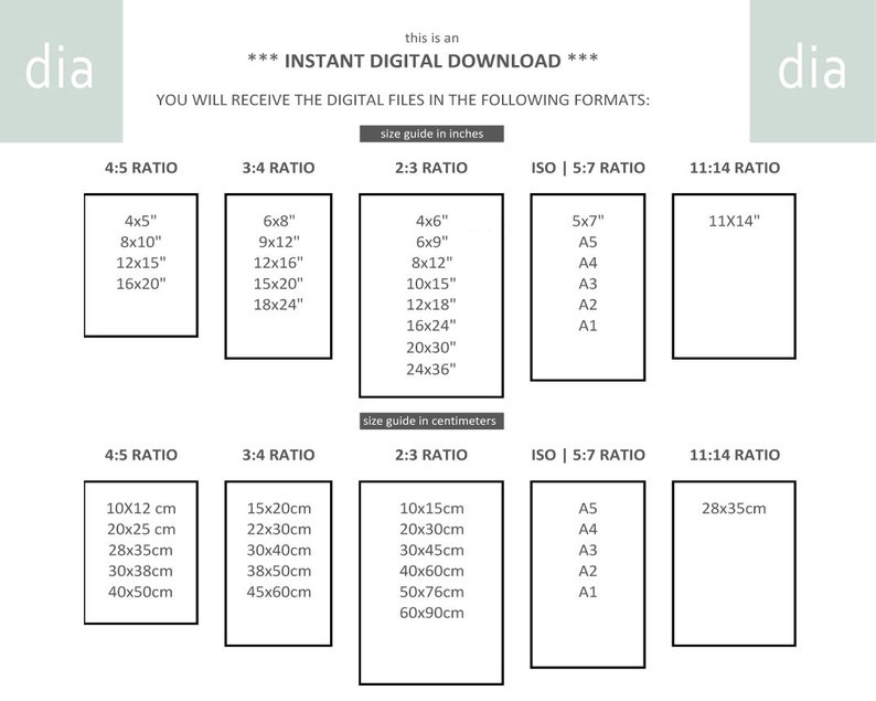 May include: A chart showing different aspect ratios and their corresponding sizes in inches and centimeters. The chart includes 4:5, 3:4, 2:3, ISO | 5:7, and 11:14 ratios. The chart is titled "Instant Digital Download" and includes the text "You will receive the digital files in the following formats."