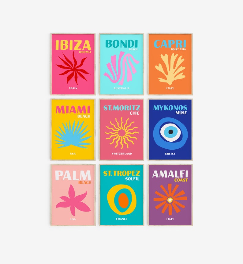 May include: Nine colourful posters with abstract designs and text. Each poster features a different location name, such as Ibiza, Bondi, Capri, Miami, St. Moritz, Mykonos, Palm, St. Tropez, and Amalfi. The posters are arranged in a 3x3 grid.