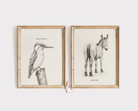 Funny Bathroom Print Set, Digital Prints, Nice Ass Pecker Printable Wall Art, Donkey Poster Vintage Illustration Toilet Humor Bathroom Decor