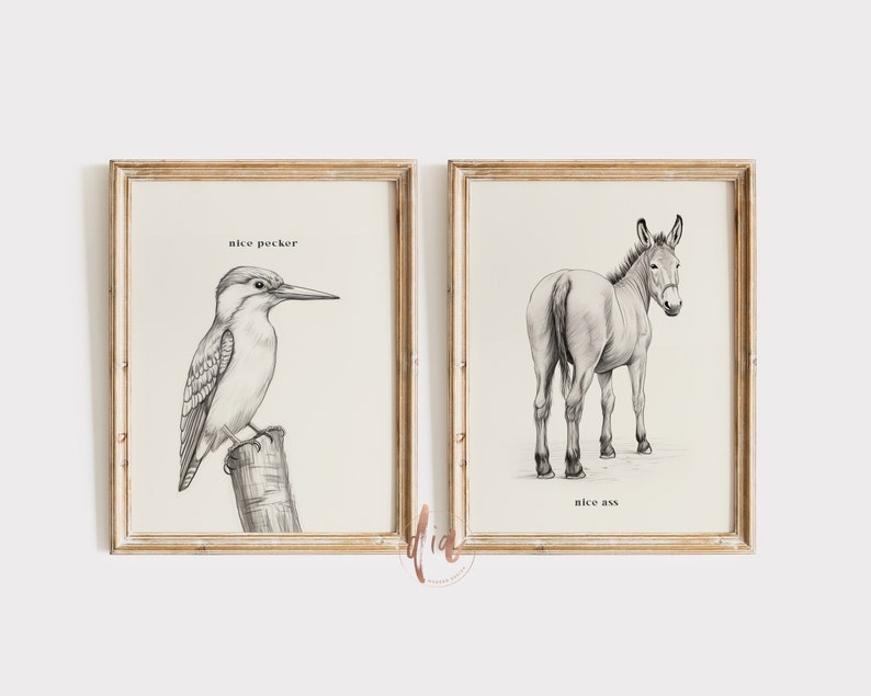 Funny Bathroom Print Set, Digital Prints, Nice Ass Pecker Printable Wall Art, Donkey Poster Vintage Illustration Toilet Humor Bathroom Decor image 1