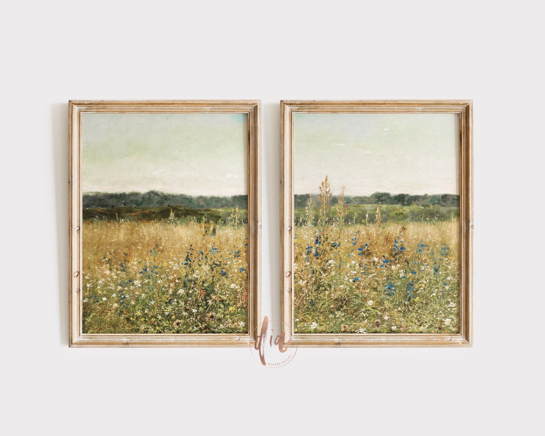 Spring Meadow Print Set of 2, Wild Flowers Field Vintage Painting Set ...