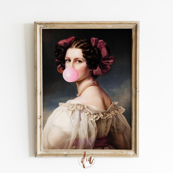 Pink Bubblegum Gallery Wall Art Print, Altered Art Portrait, Renaissance Painting, Trendy Wall Art Eclectic Art Print Vintage Girly Wall Art
