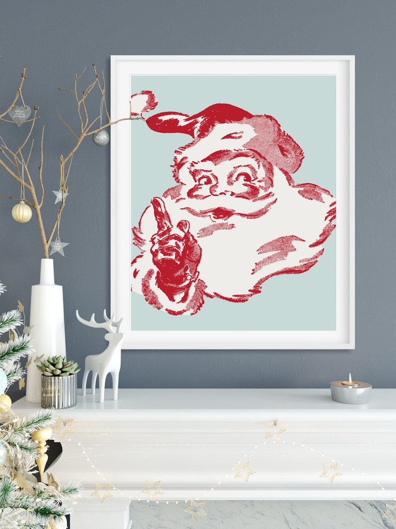 May include: A vintage-style illustration of Santa Claus in red and white, with a blue background. He is pointing with his index finger and has a friendly expression.