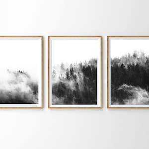3 Piece Wall Art Forest Print Set of 3 Prints Nordic Print Black and White  Misty Mountain Printable Foggy Forest Landscape Photography