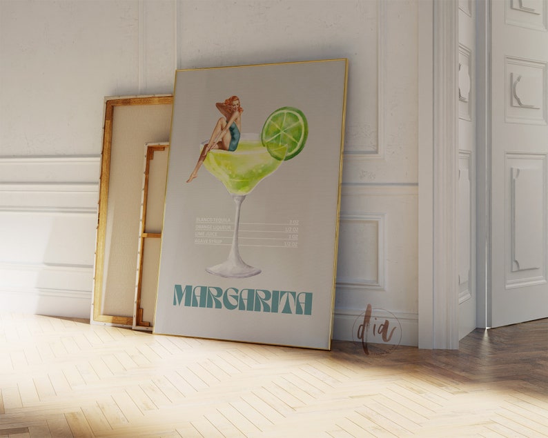 May include: A vintage-style poster with a watercolor illustration of a margarita cocktail. A woman in a swimsuit sits on the rim of the glass. The poster has the word "Margarita" in a retro font.