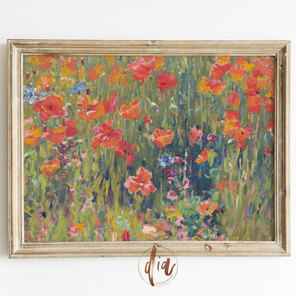 Bright Wild Flowers Print, Orange Poppies, Vintage Spring Flower Field Painting, Horizontal Wall Art, Summer Meadow, Digital Prints