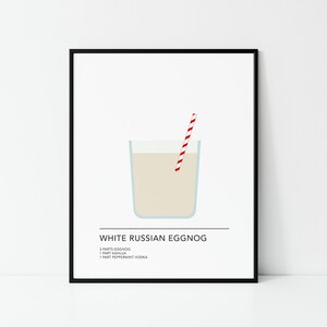 May include: A printable poster featuring a minimalist illustration of a glass of white Russian eggnog with a red and white striped straw. The text "White Russian Eggnog" is below the illustration, followed by the recipe: "3 parts eggnog, 1 part Kahlua, 1 part peppermint vodka."