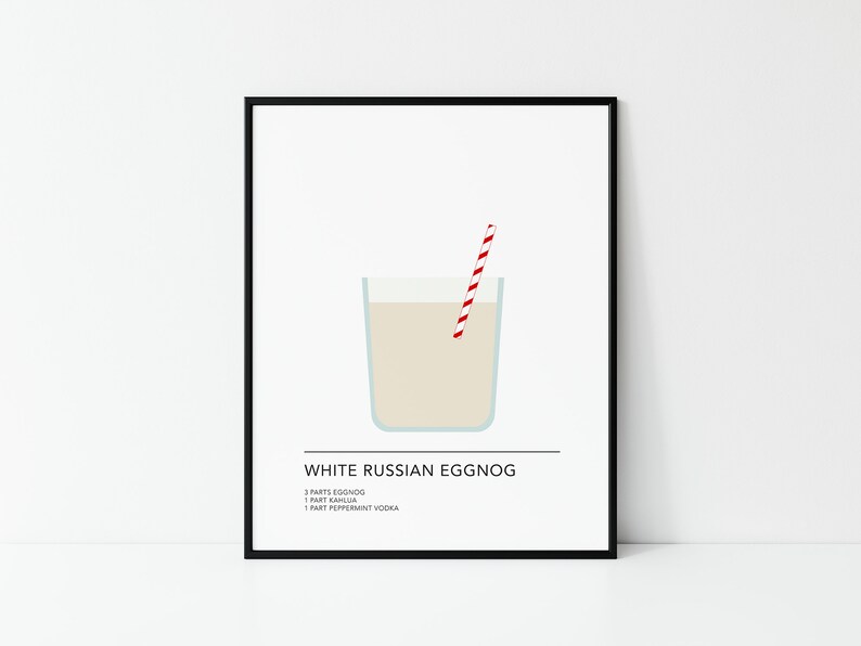 May include: A printable poster featuring a minimalist illustration of a glass of white Russian eggnog with a red and white striped straw. The text "White Russian Eggnog" is below the illustration, followed by the recipe: "3 parts eggnog, 1 part Kahlua, 1 part peppermint vodka."