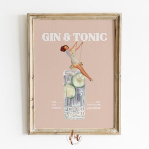 Gin und Tonic Cocktail Print, Retro Bar Warenkorb Kunstdruck, Cocktail Collage Poster, Digitale Galerie Wanddruck, Dekoratives Poster