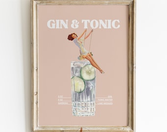 Gin and Tonic Cocktail Print, Retro Bar Cart Art Print, Cocktail Collage Poster, Digital Gallery Wall Print, Apartment Aesthetic