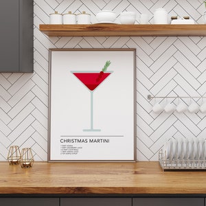 May include: A printable poster with a minimalist illustration of a Christmas martini cocktail. The poster includes the recipe: 1 part vodka, 1 part cranberry juice, 1/2 part Cointreau, 1/2 part triple sec, 1 tsp simple syrup.