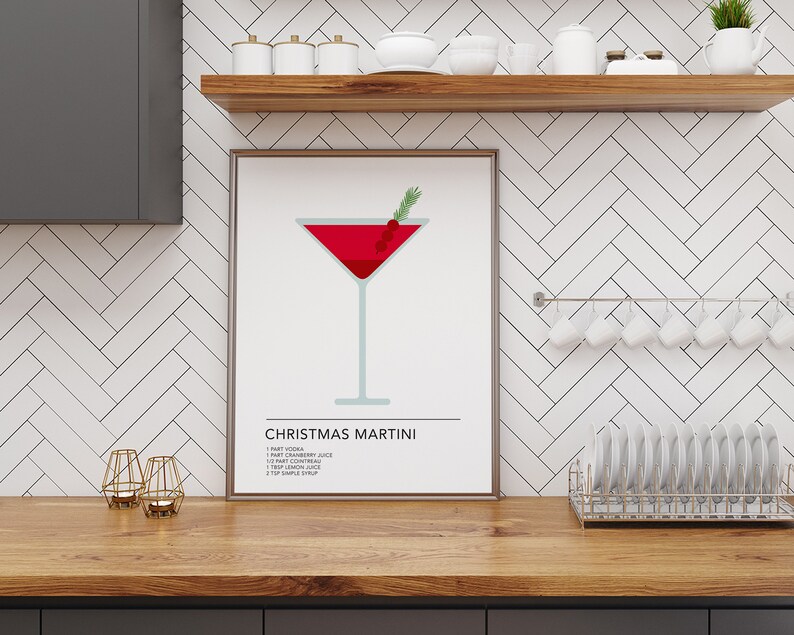 May include: A printable poster with a minimalist illustration of a Christmas martini cocktail. The poster includes the recipe: 1 part vodka, 1 part cranberry juice, 1/2 part Cointreau, 1/2 part triple sec, 1 tsp simple syrup.
