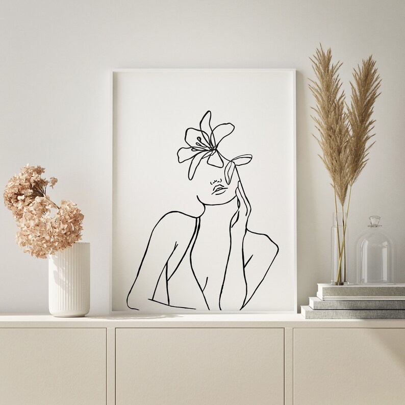 Female Nude Line Art Set of 3 Prints, Flower Head Line Art Print ...
