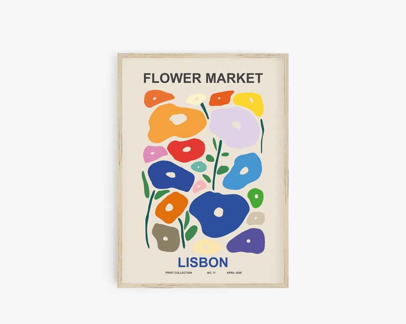 May include: A colorful abstract print with the text "FLOWER MARKET LISBON" and the words "PRINT COLLECTION NO. 11 APRIL 2018". The print features a variety of colorful flowers in a modern style.