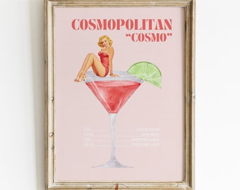 Retro Cocktail Print Cosmopolitan Cosmo Digital Drink Poster, Bar Cart Art Print, Cocktail Collage, Gallery Wall Print, Girly Print