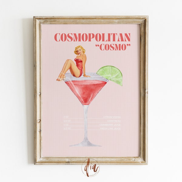 Retro Cocktail Print Cosmopolitan Cosmo Digital Drink Poster, Bar Cart Art Print, Cocktail Collage, Gallery Wall Print, Girly Print