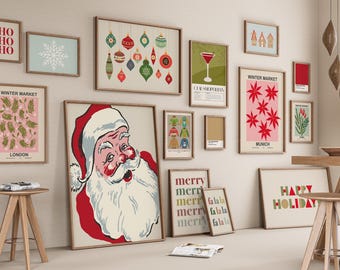 Christmas Prints Retro Set of 15 Printable XMas Wall Art, Mid Century Modern Holiday Prints, Wall Gallery Set, Digital Prints