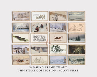 May include: A collection of 40 digital art files featuring vintage Christmas illustrations. The images include winter scenes, snow-covered landscapes, and holiday greetings. The art is perfect for use on a Samsung Frame TV.