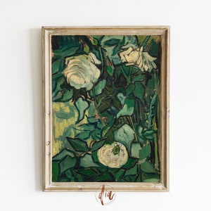 Emerald Green White Floral Print, Vintage Rose Garden Painting, Eclectic Wall Art, Gallery Wall Print, Spring Aesthetic, Printable Art