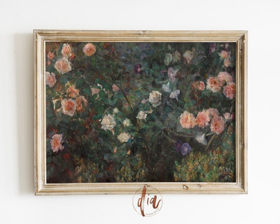Vintage Country Flower Garden Print, Muted Roses Painting, Antique Rose Garden, Printable Wall Art, Warm Room Aesthetic Vintage Spring Decor