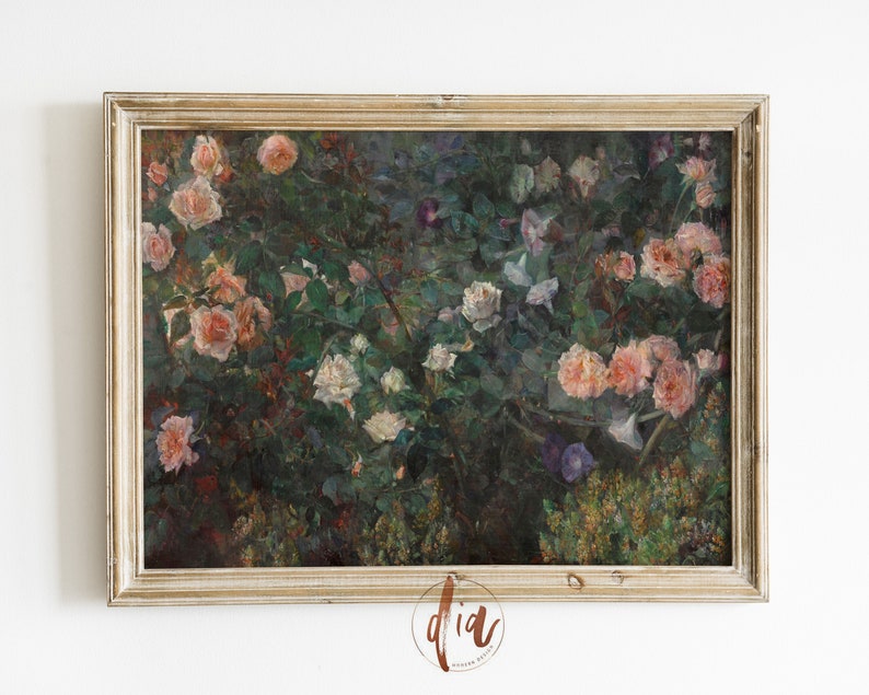 May include: An antique-style framed painting featuring a lush garden scene. The artwork showcases a variety of roses in shades of pink and white, set against a backdrop of green foliage. The frame has a gold finish.