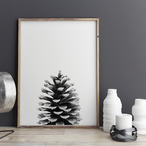 May include: Black and white photograph of a pine cone in a wooden frame. The pine cone is the focal point of the image and is centred in the frame. The background is a plain white wall.
