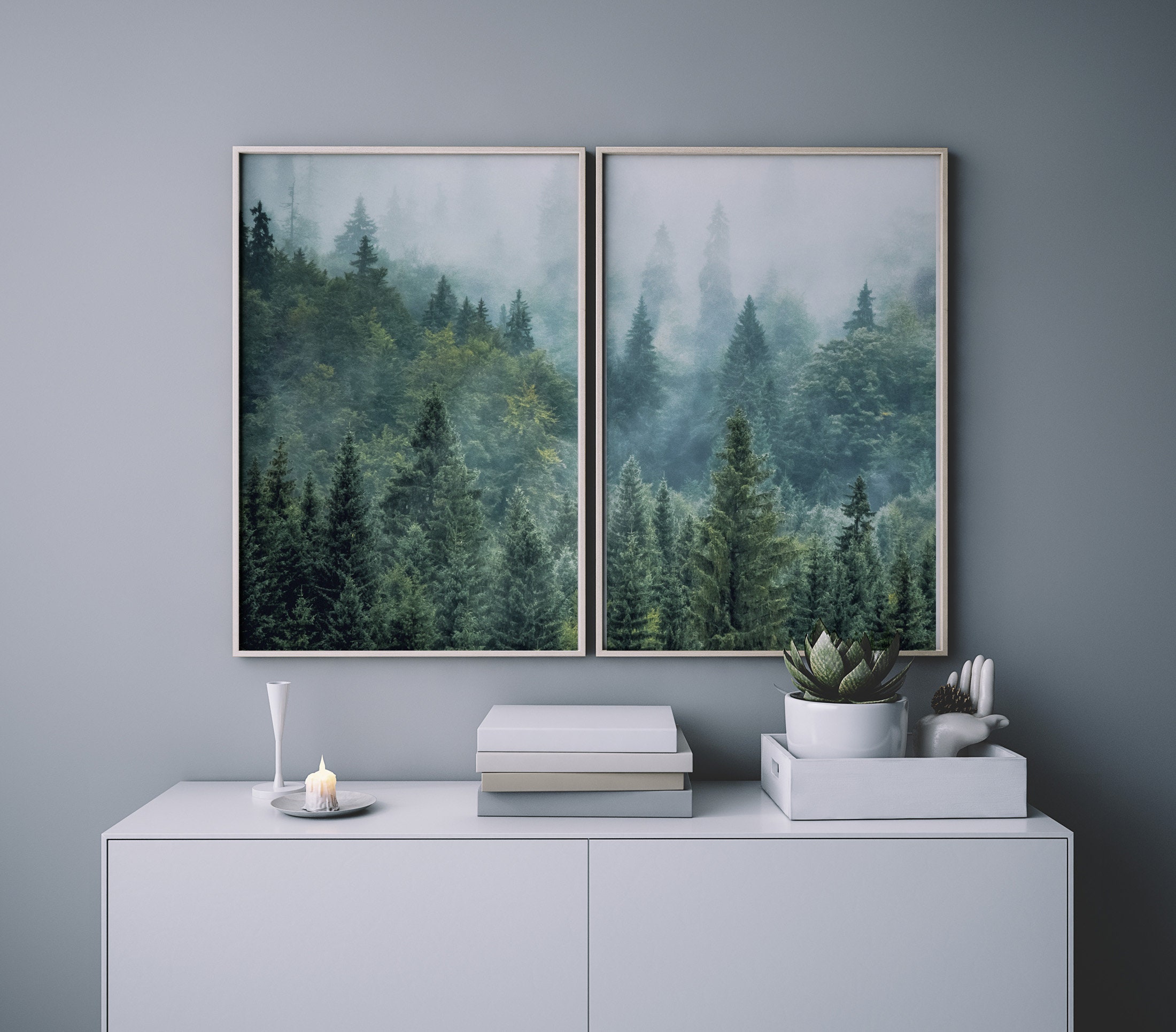 Set of 2 Forest Prints Foggy Mountain Print Large Wall Art - Etsy