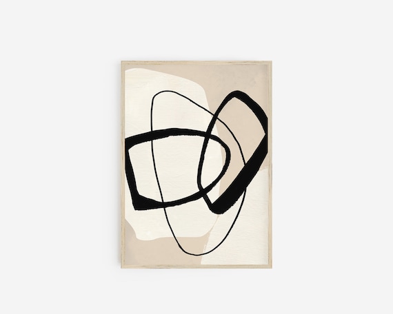 Abstract Line Wall Art Print Black Beige Modern Printable Art Watercolor Shapes Mid Century Modern Downloadable Art Large Poster Print