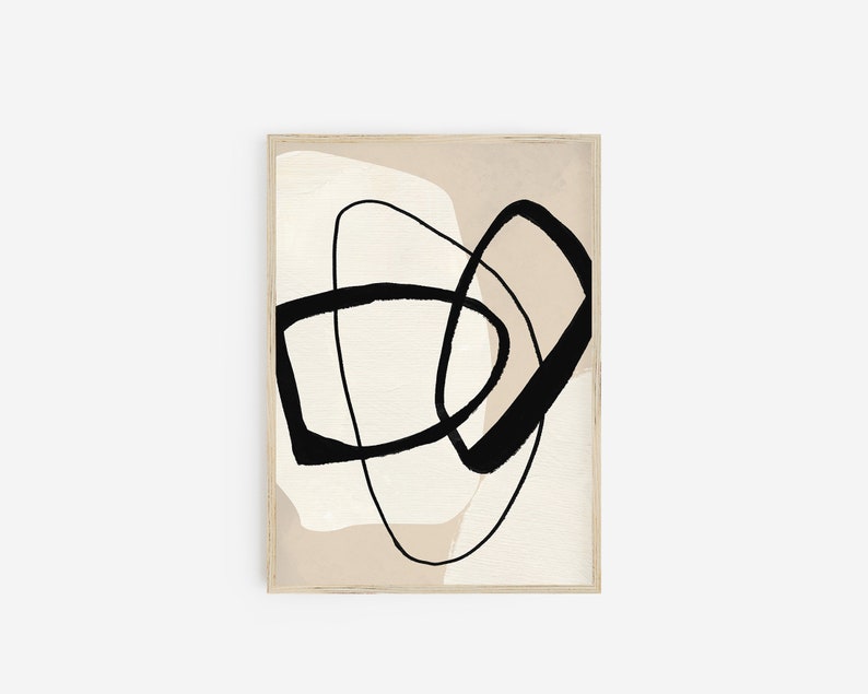 May include: Abstract art print featuring black lines and shapes on a beige background.