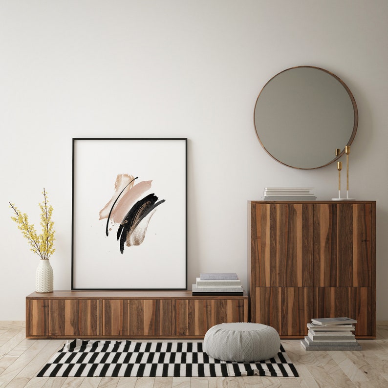 Watercolor Brushstrokes Print, Abstract Wall Decor, Modern Minimalist Wall Art Prints, Black Blush Gold, Downloadable Printable Wall Art, image 2