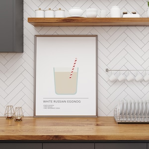 May include: A printable poster with a white background and a minimalist illustration of a glass of white Russian eggnog with a red and white striped straw. The text "WHITE RUSSIAN EGGNOG" is below the illustration, followed by the ingredients: "1 PART EGGNOG", "1 PART Kahl&uacute;a", "1 PART PEPPERMINT VODKA".