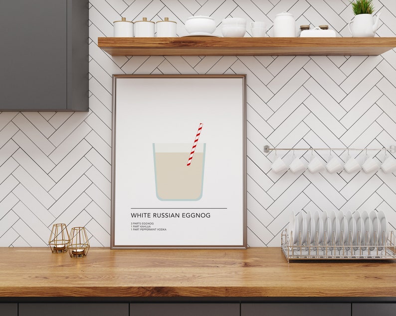 May include: A printable poster with a white background and a minimalist illustration of a glass of white Russian eggnog with a red and white striped straw. The text "WHITE RUSSIAN EGGNOG" is below the illustration, followed by the ingredients: "1 PART EGGNOG", "1 PART Kahl&uacute;a", "1 PART PEPPERMINT VODKA".