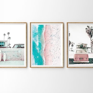 Surf Poster Set Beach Wall Art Set of 3 Prints Pink Surfboard Print California Wall Art 3 Piece Wall Art Printable Wall Art Coastal Decor