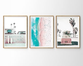 Surf Poster Set Beach Wall Art Set of 3 Prints Pink Surfboard Print California Wall Art 3 Piece Wall Art Printable Wall Art Coastal Decor