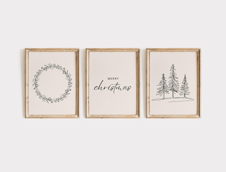 May include: Set of three printable wall art prints featuring a wreath, the text "Merry Christmas", and a line drawing of three pine trees.
