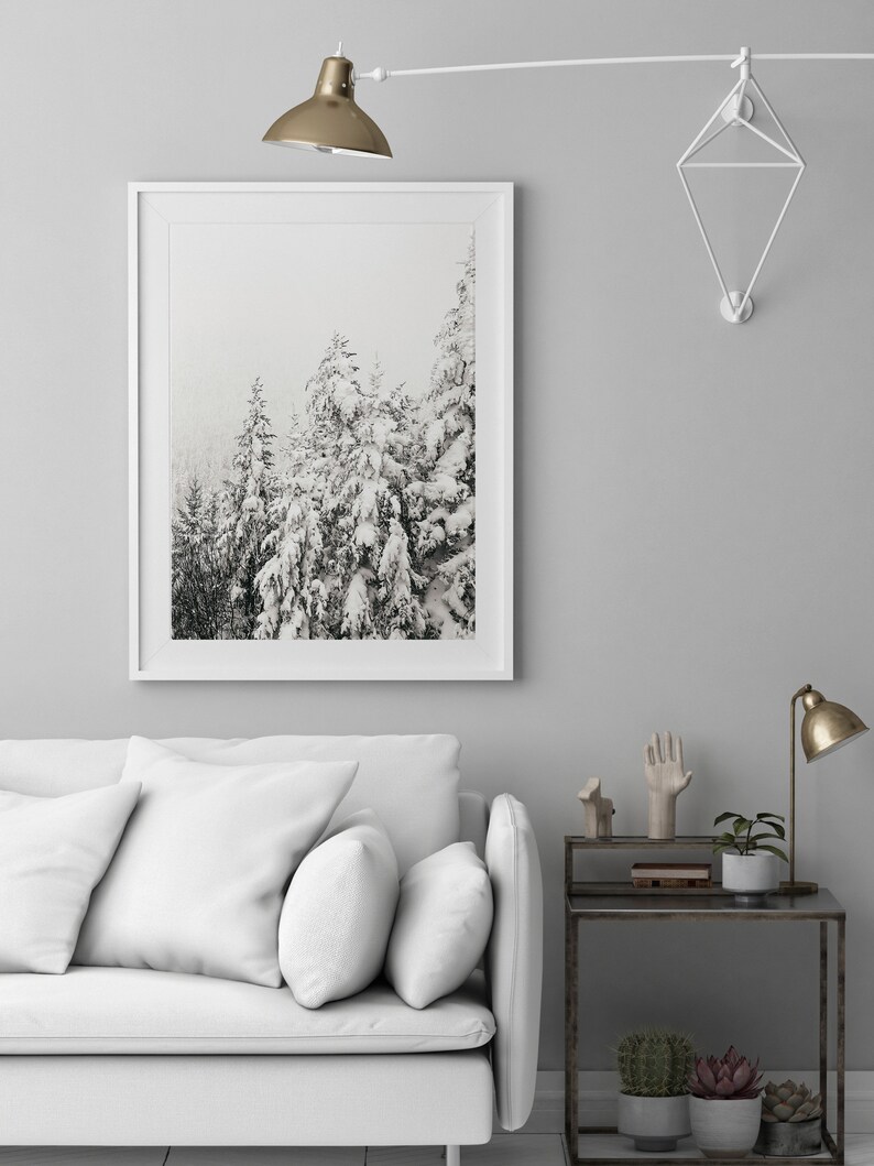 May include: A black and white photograph of snow-covered pine trees in a forest. The photo is framed in a white frame and hangs on a grey wall above a white sofa with white cushions.
