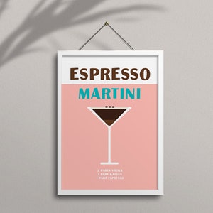 May include: A pink and white poster with the text "Espresso Martini" in brown and teal lettering. A martini glass with a brown liquid and coffee beans is shown in the centre. The text "2 parts vodka, 1 part Kahlua, 1 part espresso" is at the bottom.