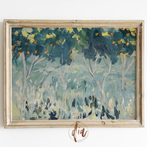 Abstract Orange Tree Painting, Citrus Wall Art Print, Bright Pastel Vintage Tree Art Print, Digital Prints, Horizontal Gallery Wall Print
