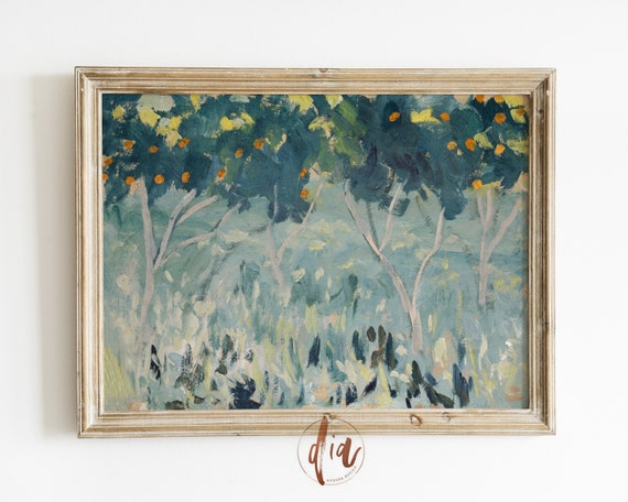 Abstract Orange Tree Painting, Citrus Wall Art Print, Bright Pastel Vintage Tree Art Print, Digital Prints, Horizontal Gallery Wall Print