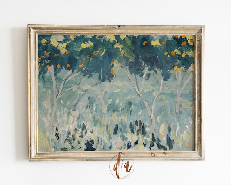 May include: A framed painting of a landscape with trees and a blue sky. The trees are painted in a loose, impressionistic style, with visible brushstrokes. The sky is a light blue, with hints of white clouds. The painting is framed in a simple, wooden frame.