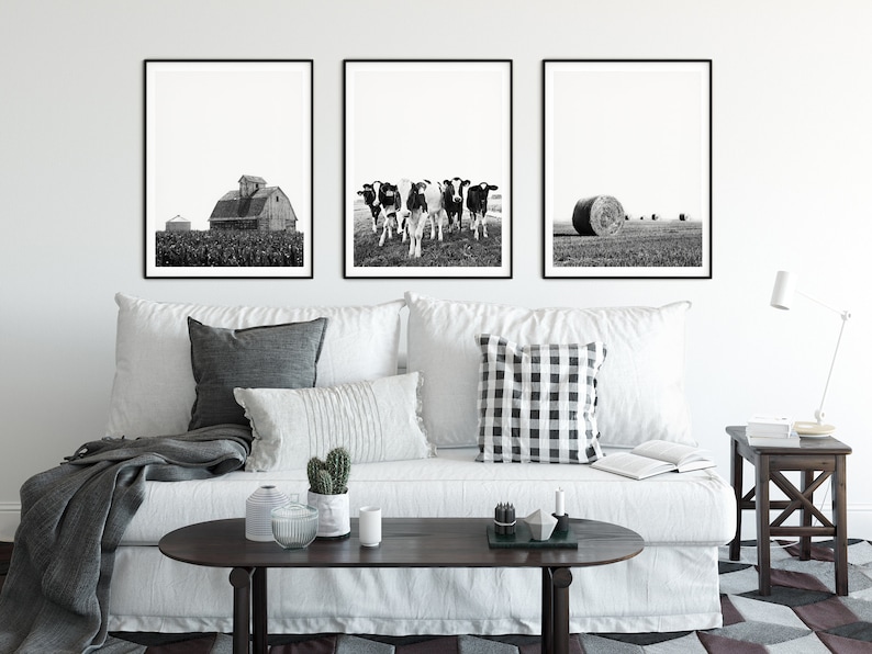 Set of 3 Farm Prints Cows Barn Hay Print Modern Farmhouse Decor Black White Print Farmhouse Kitchen Wall Art 3 Piece Wall Art Triptych Art image 6