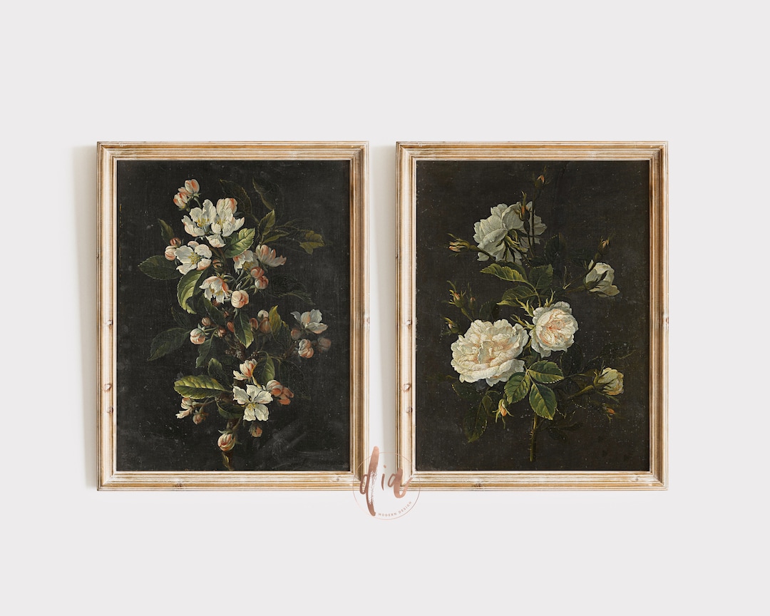 Dark Moody Vintage Floral Print Set of 2, Wall Gallery Set, Dark ...