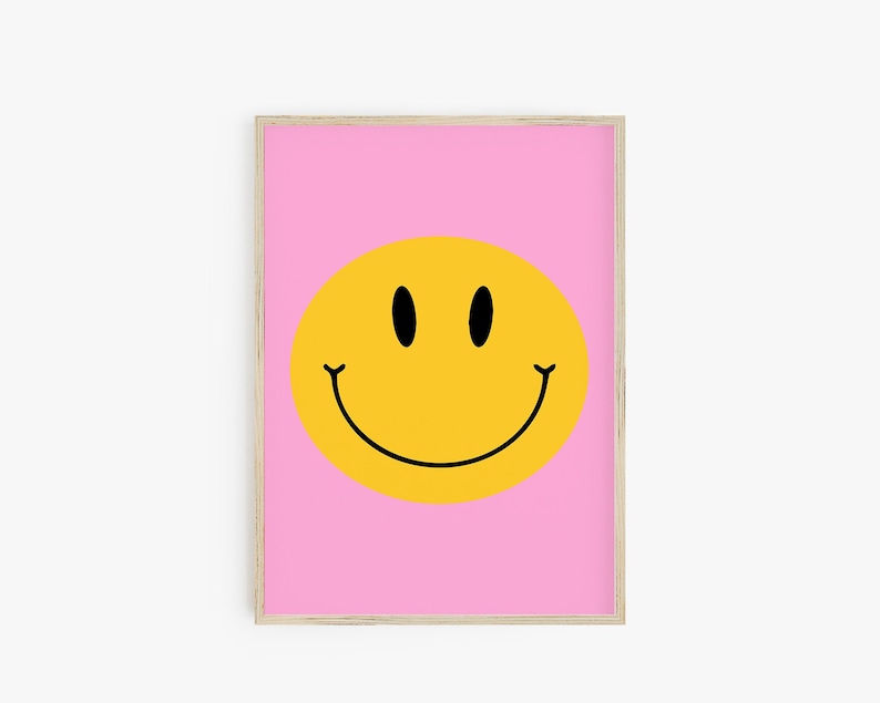 May include: A yellow smiley face with a black outline on a pink background.