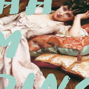 May include: A woman in a white and pink dress with lace trim lies on a sofa with a patterned cushion. The text "THE" and "MY" are written in a light blue colour over the image.