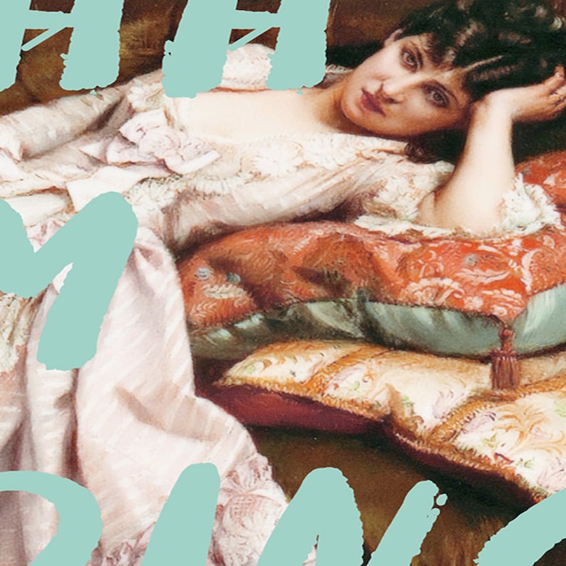 May include: A woman in a white and pink dress with lace trim lies on a sofa with a patterned cushion. The text "THE" and "MY" are written in a light blue colour over the image.