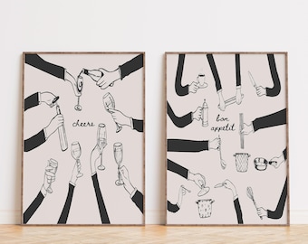 Retro Kitchen Print Set of 2, Cheers Digital Print, Bon Appetite Food Wall Art, Trendy Bar Cart Print, Printable Drink Print Cocktail Poster