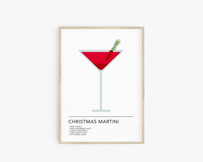 May include: A printable Christmas Martini cocktail recipe with a red martini glass illustration and a sprig of greenery with red berries on top. The recipe includes 1 part vodka, 1 part cranberry juice, 1/2 part Cointreau, 1 tablespoon lemon juice, and 2 teaspoons simple syrup.