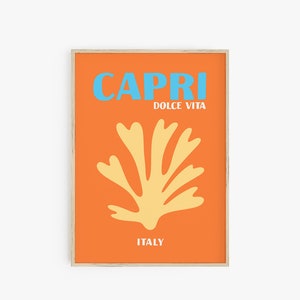 May include: A framed print with an orange background and a yellow stylized coral design. The text "CAPRI" in blue and "DOLCE VITA" in white is at the top of the print. The text "ITALY" is at the bottom of the print.