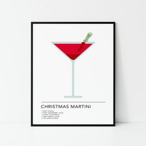 May include: A printable poster with a red Christmas martini cocktail illustration and the text "CHRISTMAS MARTINI" with the ingredients listed below: 1 part vodka, 1 part cranberry juice, 1/2 part Cointreau, 1 tbsp lemon juice, 2 tsp simple syrup.